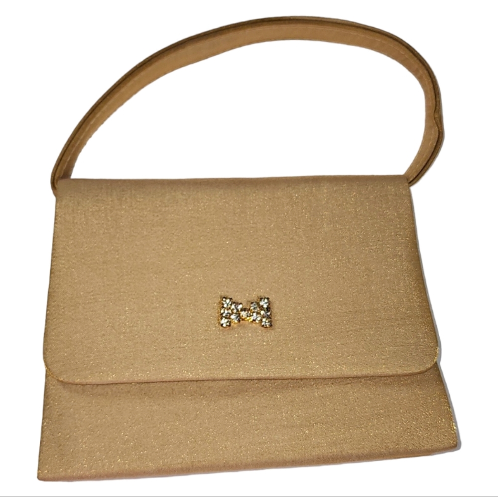 Small Jessica McClintock Purse Gold with Rhinestone Bow